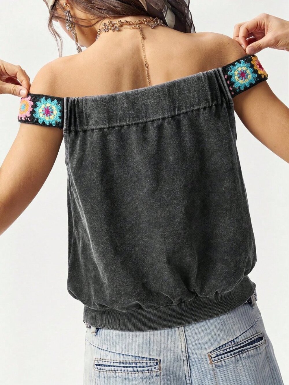 Grey Casual Women's Washed Knit T-Shirt With Braid Trim - Picture 2 of 8